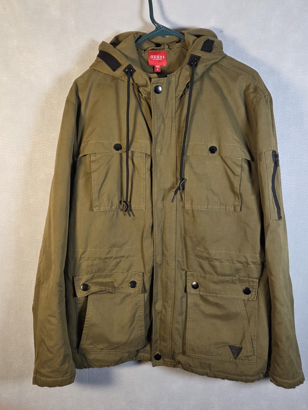 Olive green Guess hooded utility jacket with multiple cargo pockets